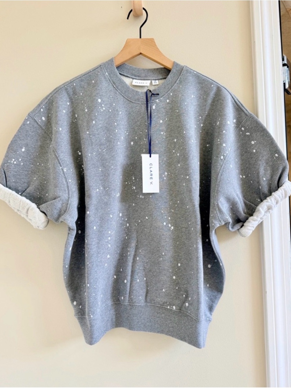 Clare V Short-Sleeve Oversized Sweatshirt Grey Melange Splatter NWT $175